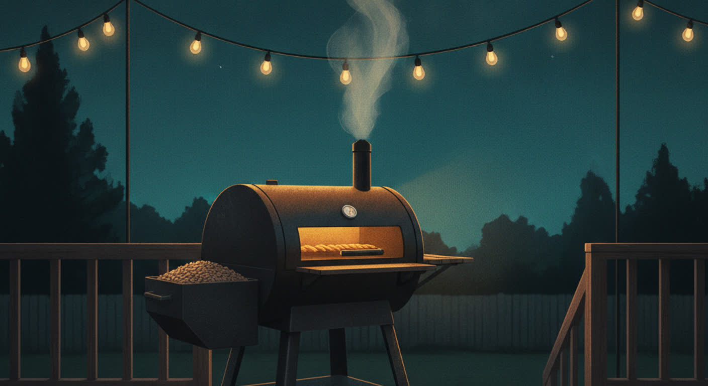 A pellet smoker on a backyard deck at dusk with a trail of smoke