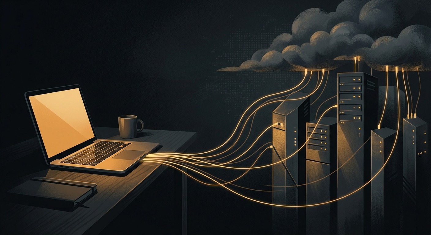 A laptop on a desk with glowing amber connection lines reaching upward into a dark cloud of servers, split composition showing local hardware on the left and cloud infrastructure on the right