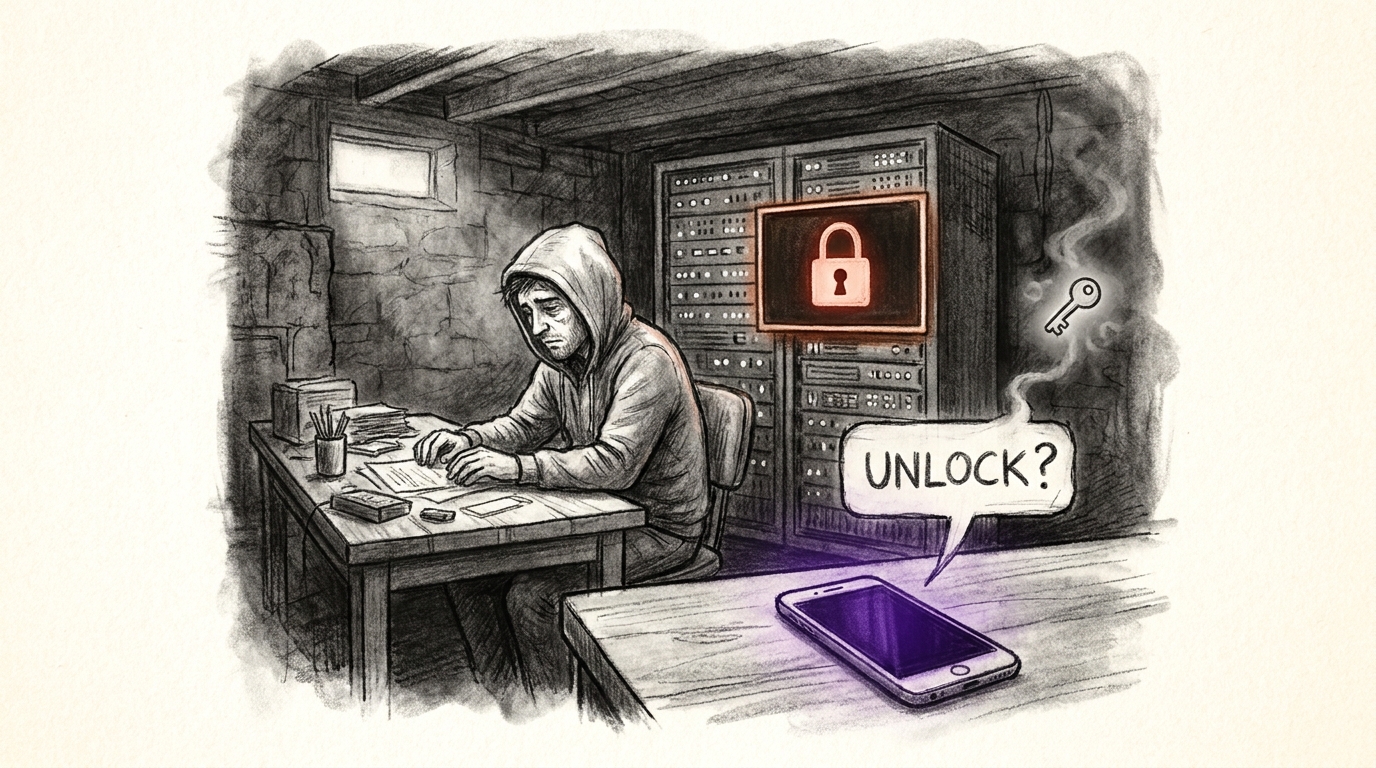 Charcoal sketch of a founder at a basement desk at 2am with a glowing server rack behind showing a red padlock icon, his phone glowing in deep purple in the foreground with a single message bubble drifting upward toward a small floating key, burnt sienna accent on the locked server screen