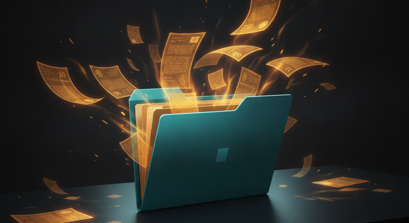 Scattered glowing amber documents pulling together into one neat teal bound folder on a dark desk