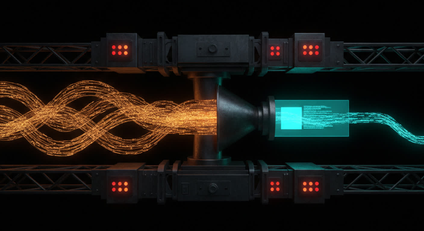 A dark assembly line merging amber number streams into a teal report with nine small warning lights