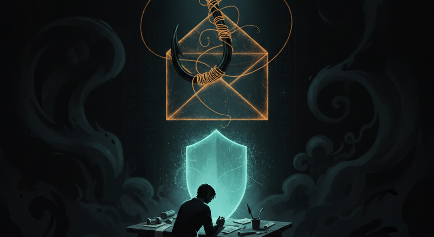 A glowing amber envelope shaped like a baited fish hook hangs over a small figure at a desk while a teal shield of light rises between them, blocking it