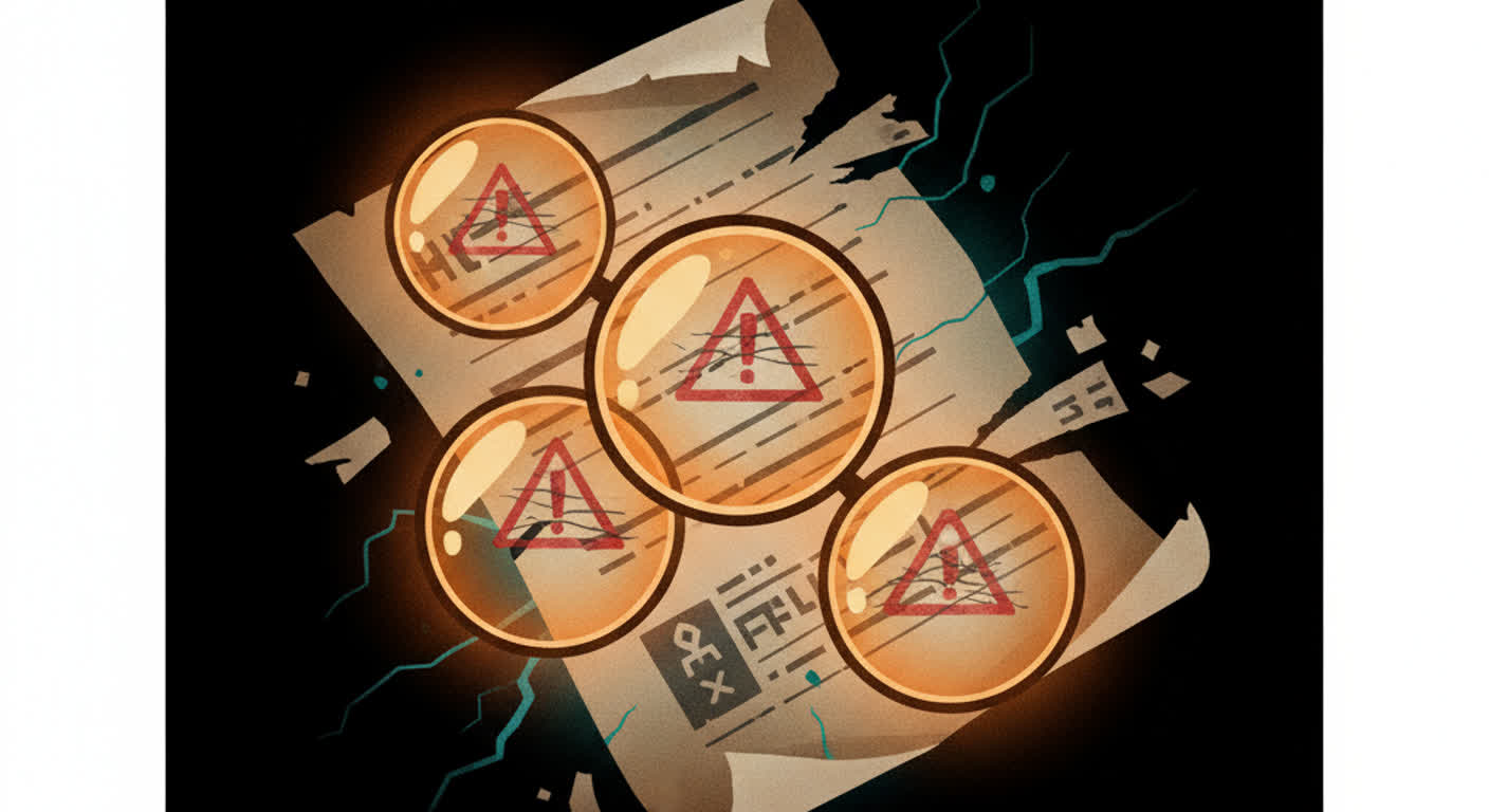 Three amber magnifying lenses hover over a torn document, each lighting up a small red warning mark hidden in the text