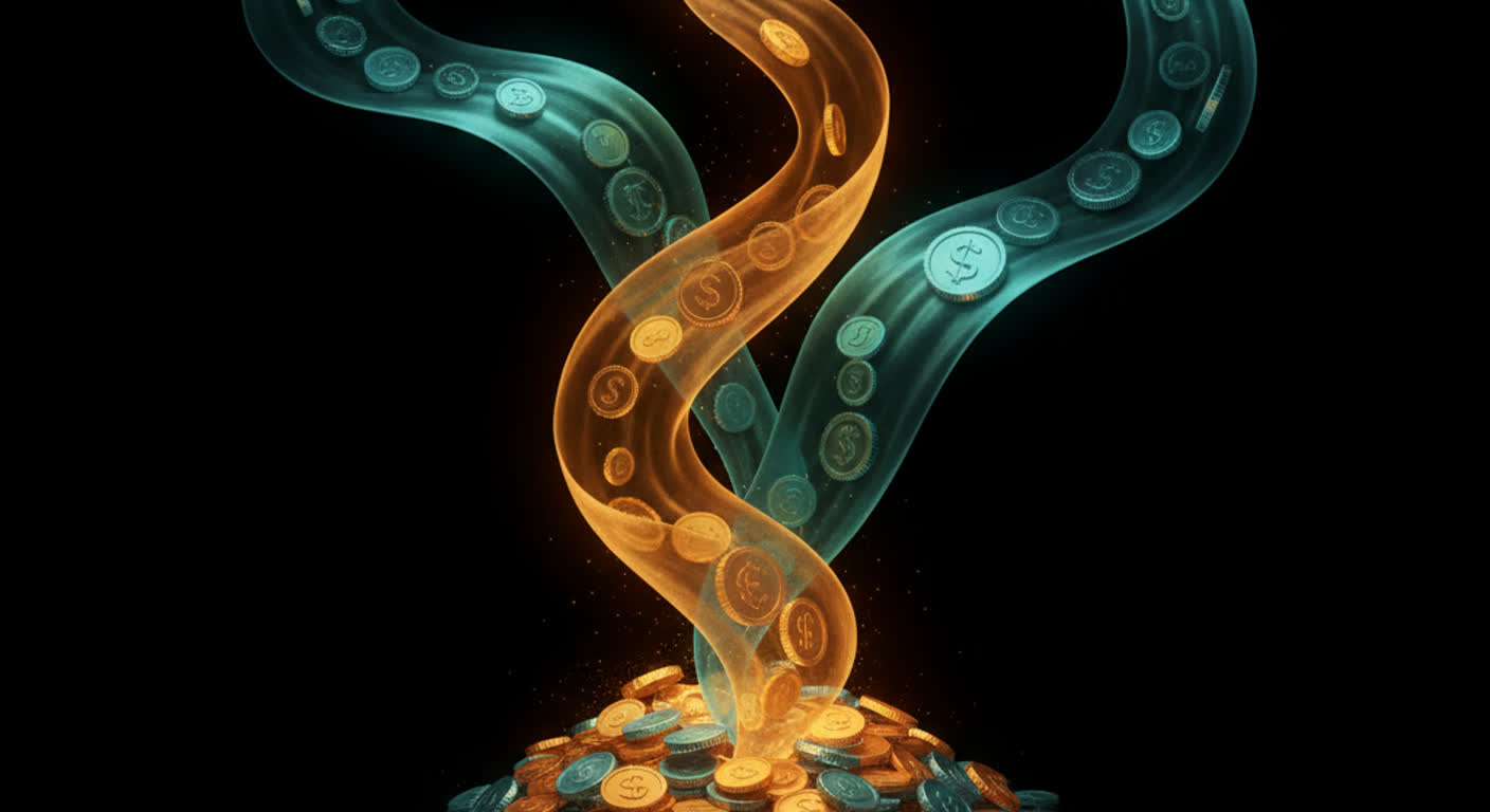 Three streams of coins converging, two matching teal and one mismatched glowing amber as a flag