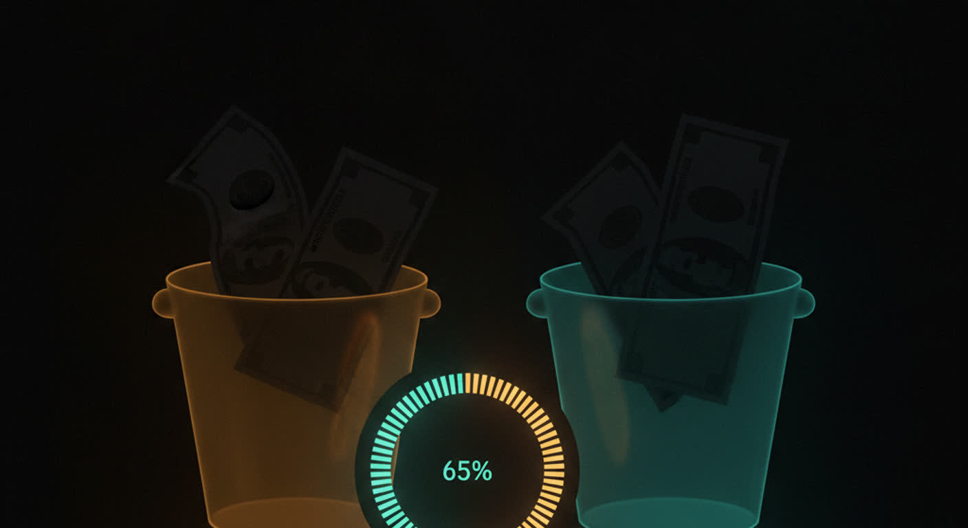 Household bills sorted into labeled amber and teal buckets beside a glowing percentage dial