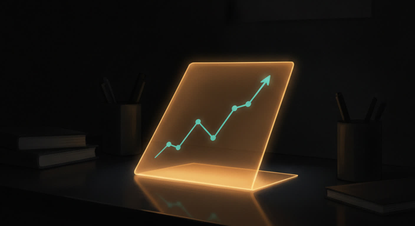An amber report card on a dark desk with a teal trend line rising across it