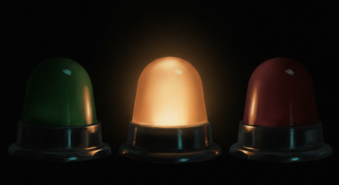 Three dark status lamps in green amber and red with one softly lit