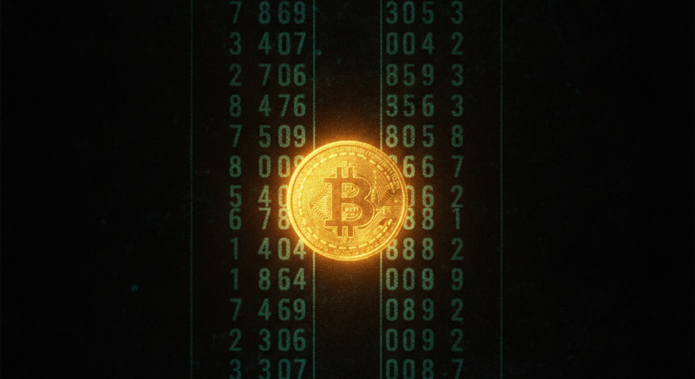 One glowing amber coin standing out in a long dark column of faint teal numbers
