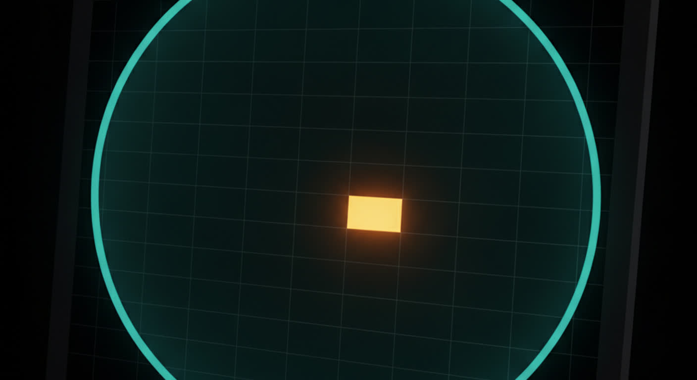 A teal magnifying glass passing over a dark spreadsheet with one amber row lit up