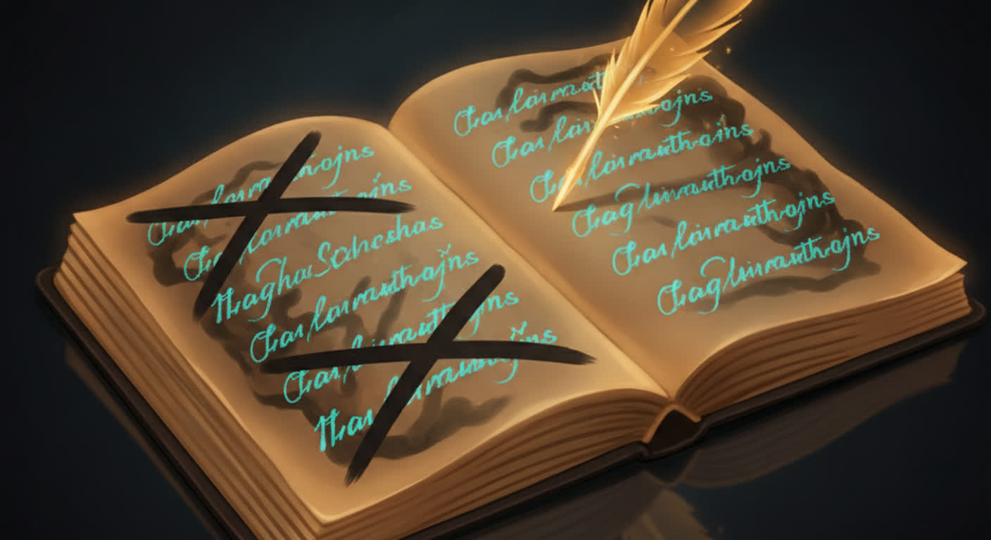 An amber ledger on a dark desk writing glowing teal entries with some names crossed out