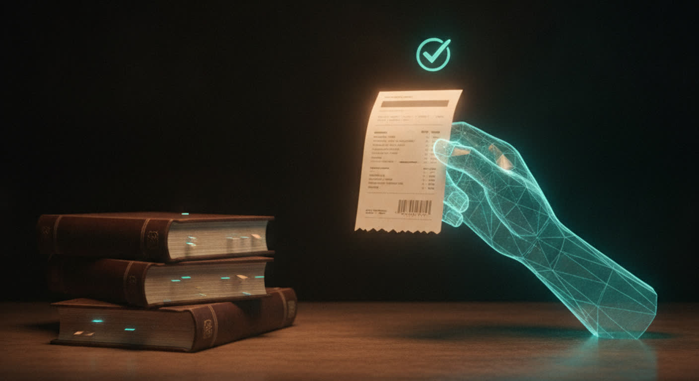 A translucent teal AI hand holds a receipt up for approval on a tidy amber-lit desk with a small green checkmark hovering and neat ledgers stacked