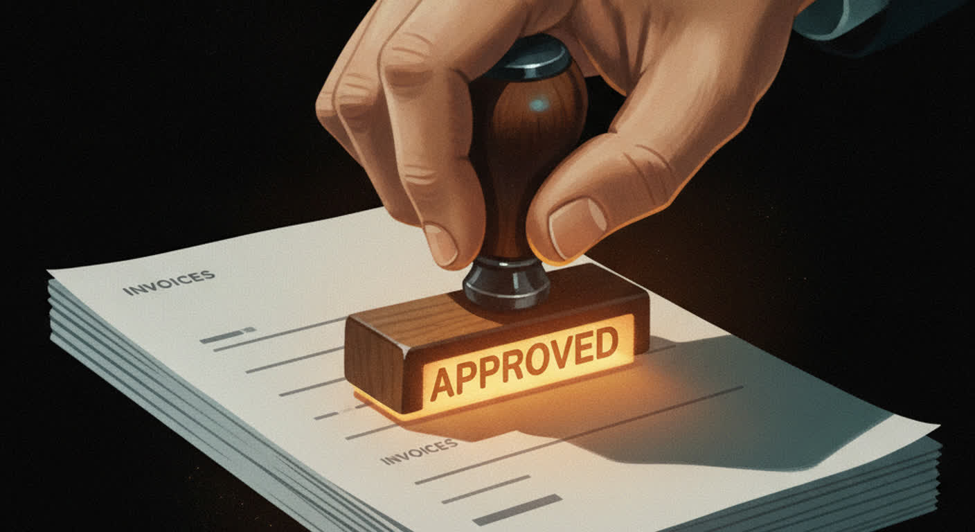 A human hand presses a glowing amber APPROVED stamp onto a stack of clean invoices