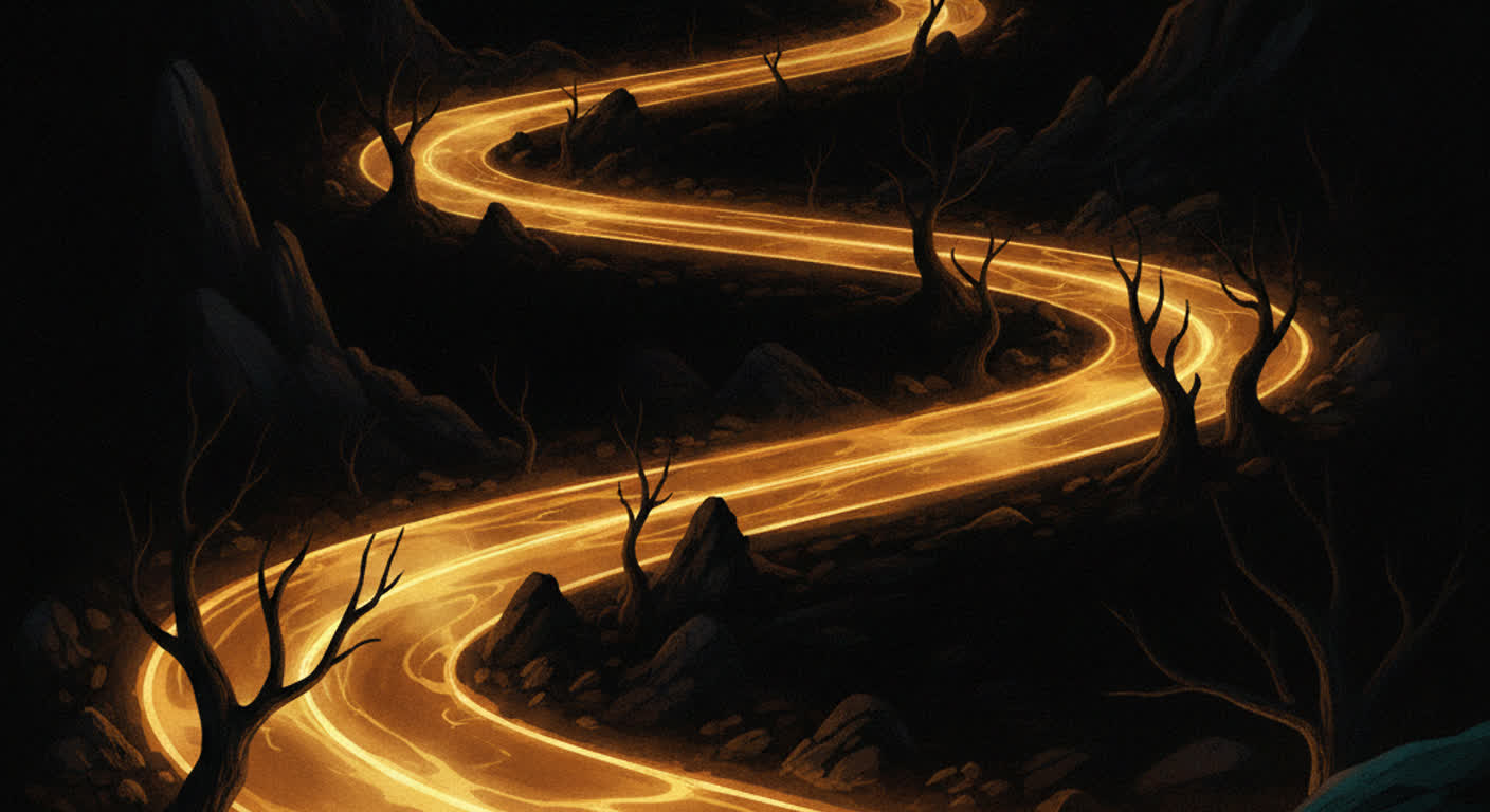 A glowing amber road winding through the dark with a teal odometer tallying kilometres