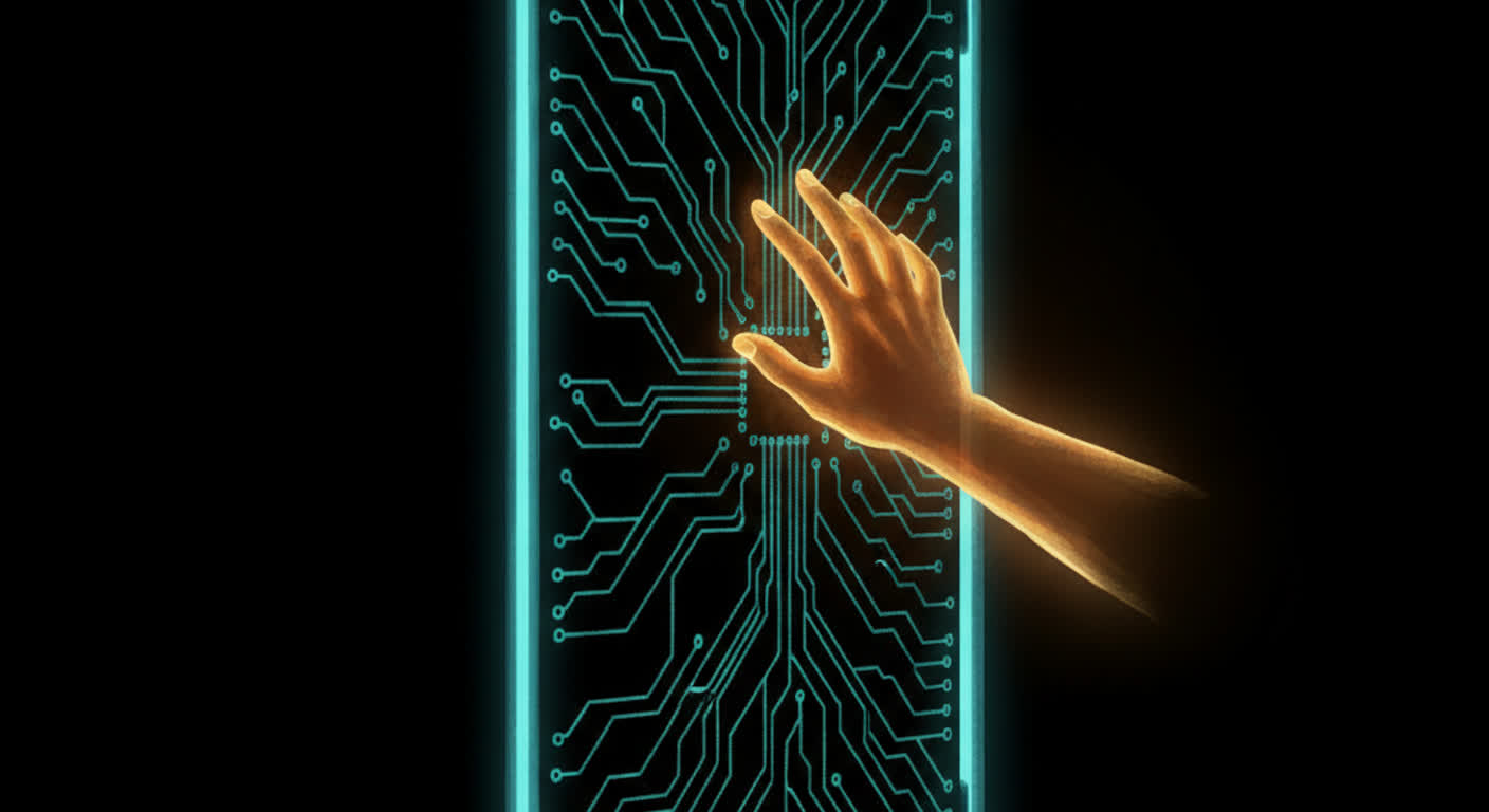 A glowing amber hand knocks on a dark door made of circuit traces with teal light at the seams