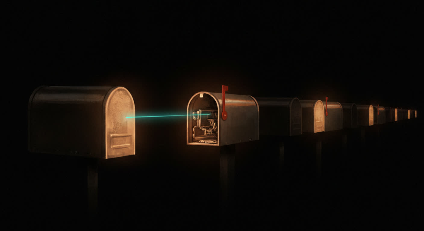A row of dark mailboxes, some glowing amber and some hollow, one inspected by a teal beam of light
