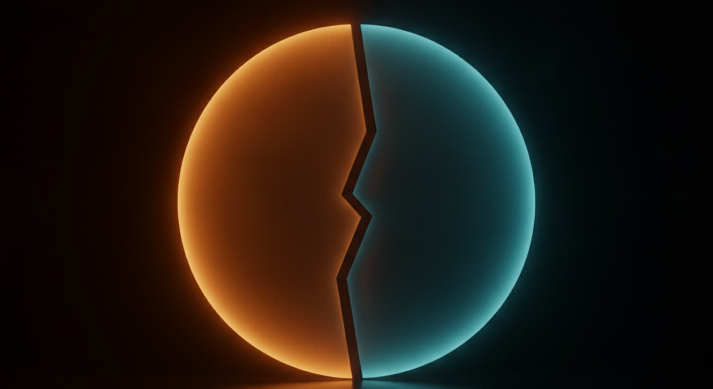 A glowing amber plate split in two, one half bright teal and one half dark