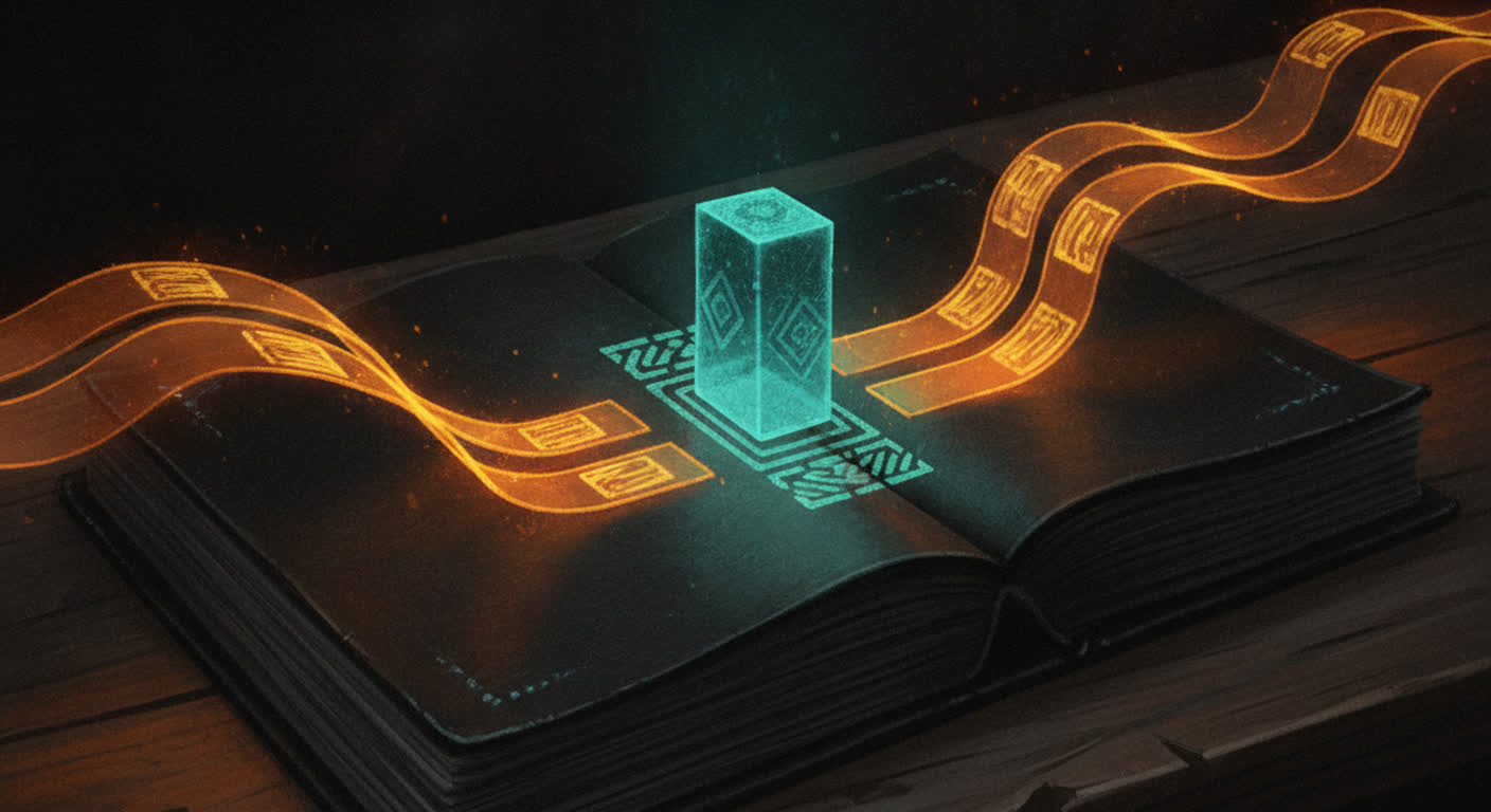 A dark ledger where meal receipts enter at full amber and leave at half past a teal rule stamp