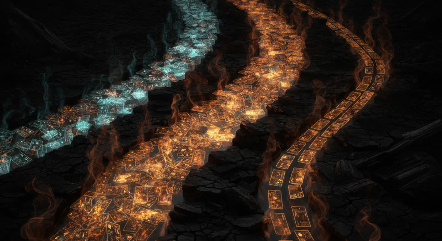 Three amber rivers of glowing contact cards flowing in parallel, one running thin