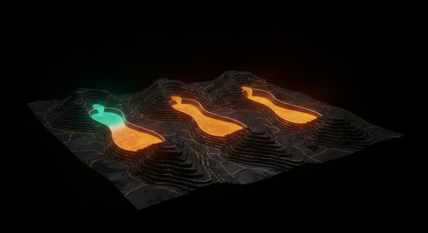 A dark map with three filling amber reservoirs, one leveling off early with a teal warning glow