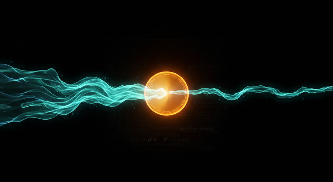 A glowing amber coin splitting into a large teal revenue stream and a small teal fee stream in the dark