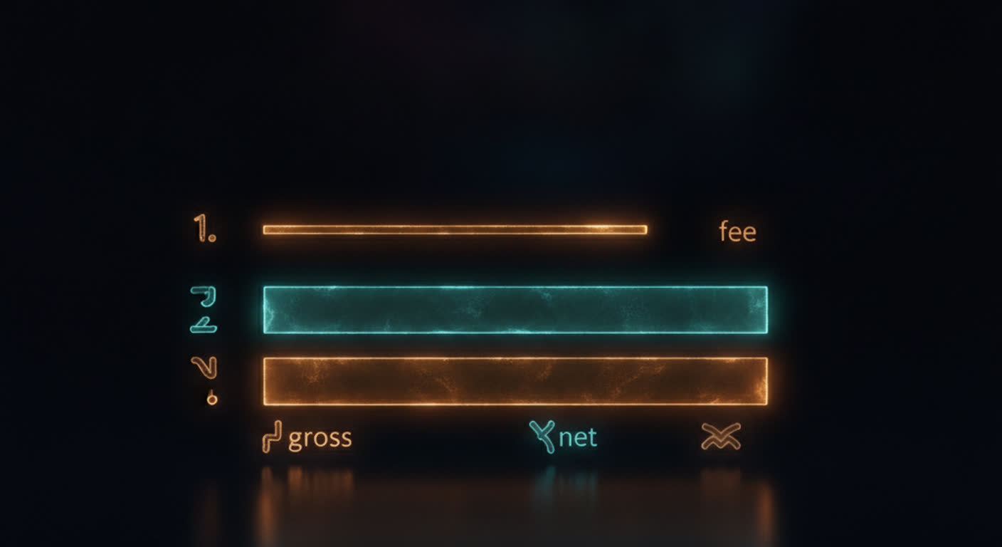 Three stacked glowing bars, a tall amber gross, a teal net, and a thin amber fee sliver, in the dark