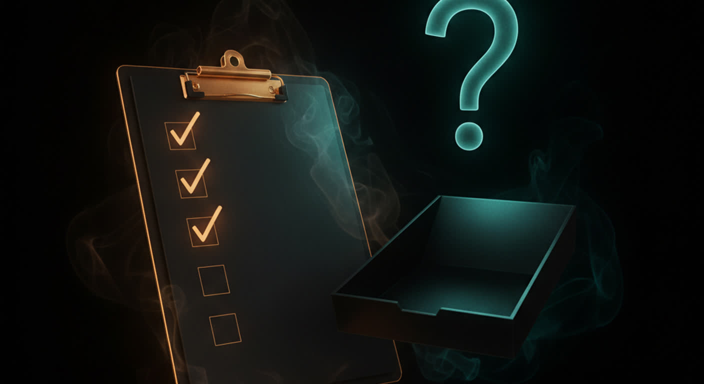 A clipboard with amber checkmarks beside a dark empty outbox tray and a teal question mark