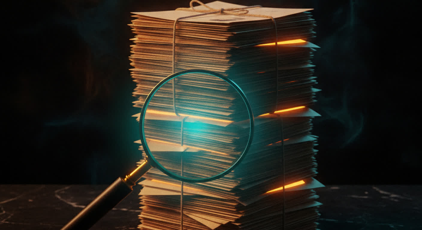 A teal magnifier inspecting a stack of sent letters glowing amber on a dark desk