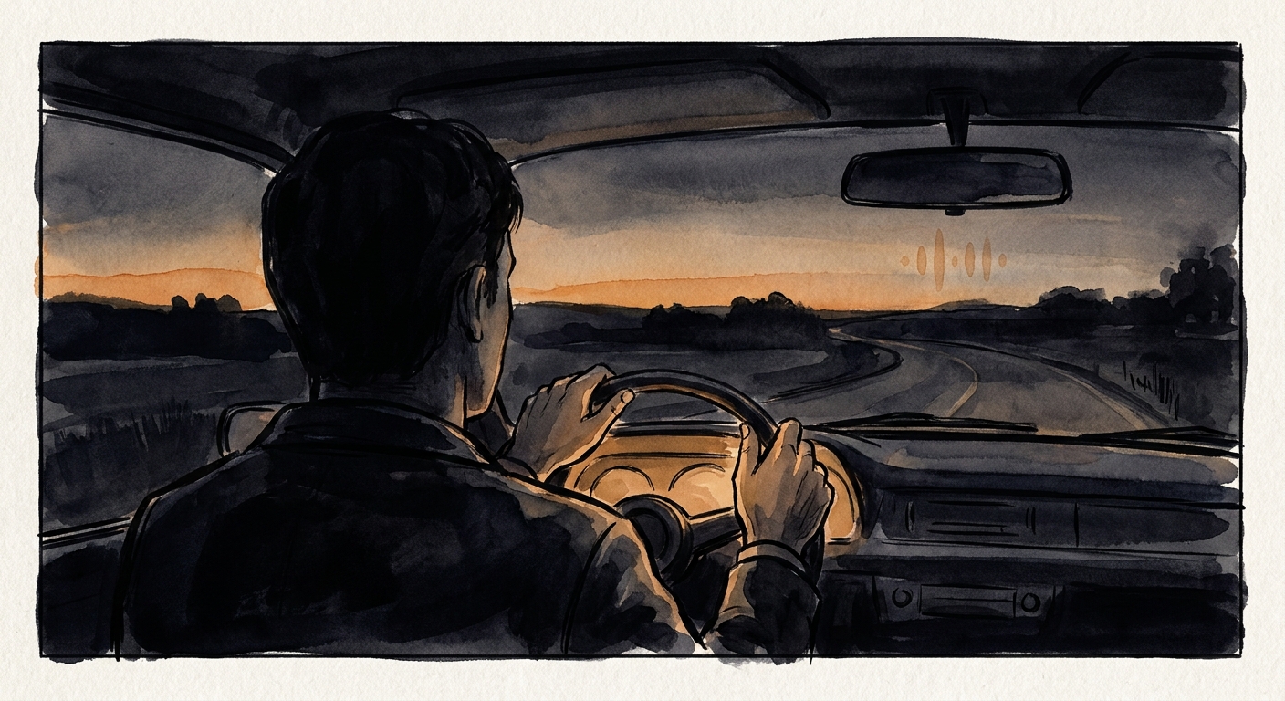 Charcoal-and-amber illustration of a driver's hands resting at nine-and-three on a steering wheel, no phone visible, a small amber soundwave floating subtly near the rearview mirror as the agent talks through the speakers; dusk rural road curving ahead through the windshield