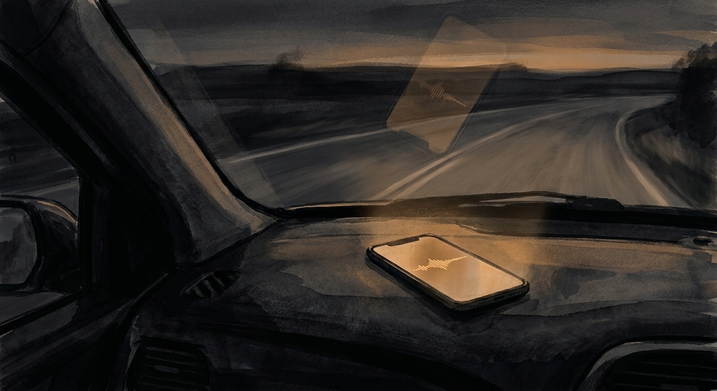 Charcoal-and-amber illustration of a phone resting on a car dashboard glowing with an amber soundwave icon, rural Ontario road blurring past in the background