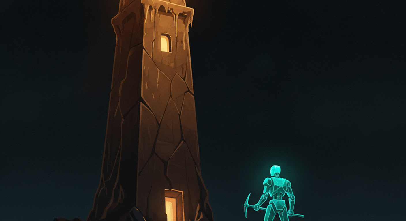 An amber watchtower in the dark looking down on a smaller glowing teal worker