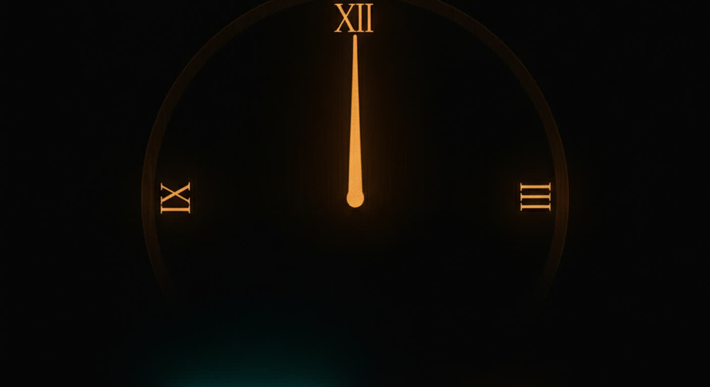 A dark midday clock with an amber hand and a teal counter below a marked minimum line