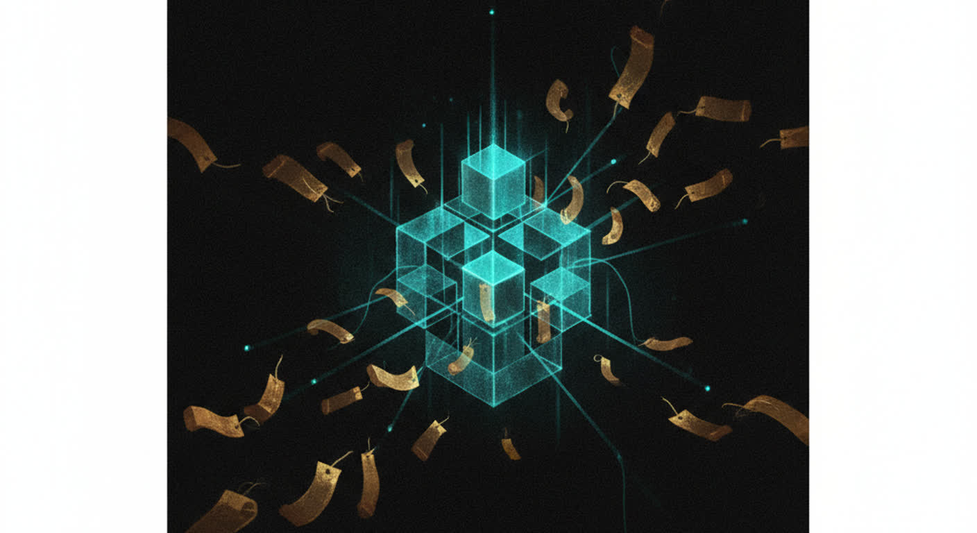 Scattered amber bookmarks are pulled into a single glowing teal library index on a dark background