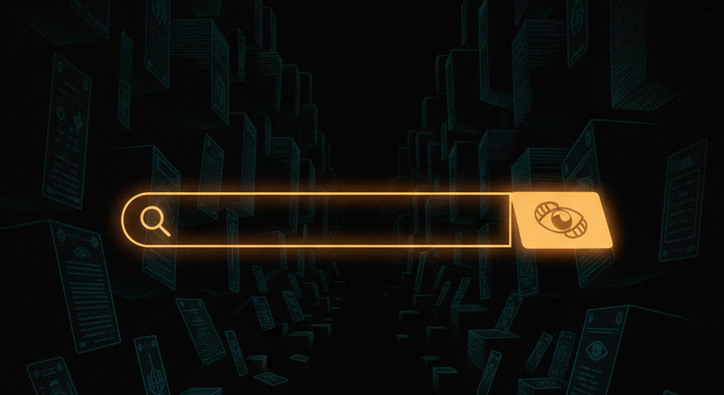 A glowing amber search bar retrieves one perfect card from a vast dark archive lit with teal