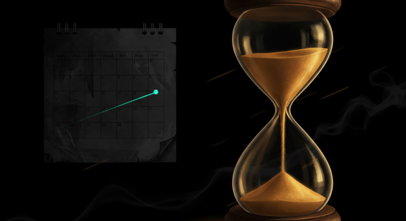 A glowing amber hourglass with plenty of sand left beside a dark calendar with a teal deadline far off