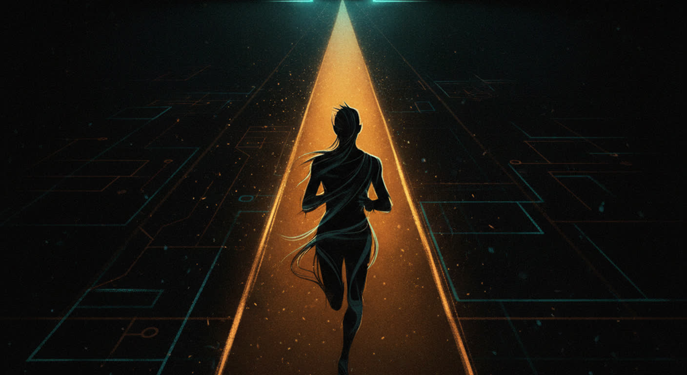 A runner on a dark track with a long amber lane ahead and a distant teal finish line