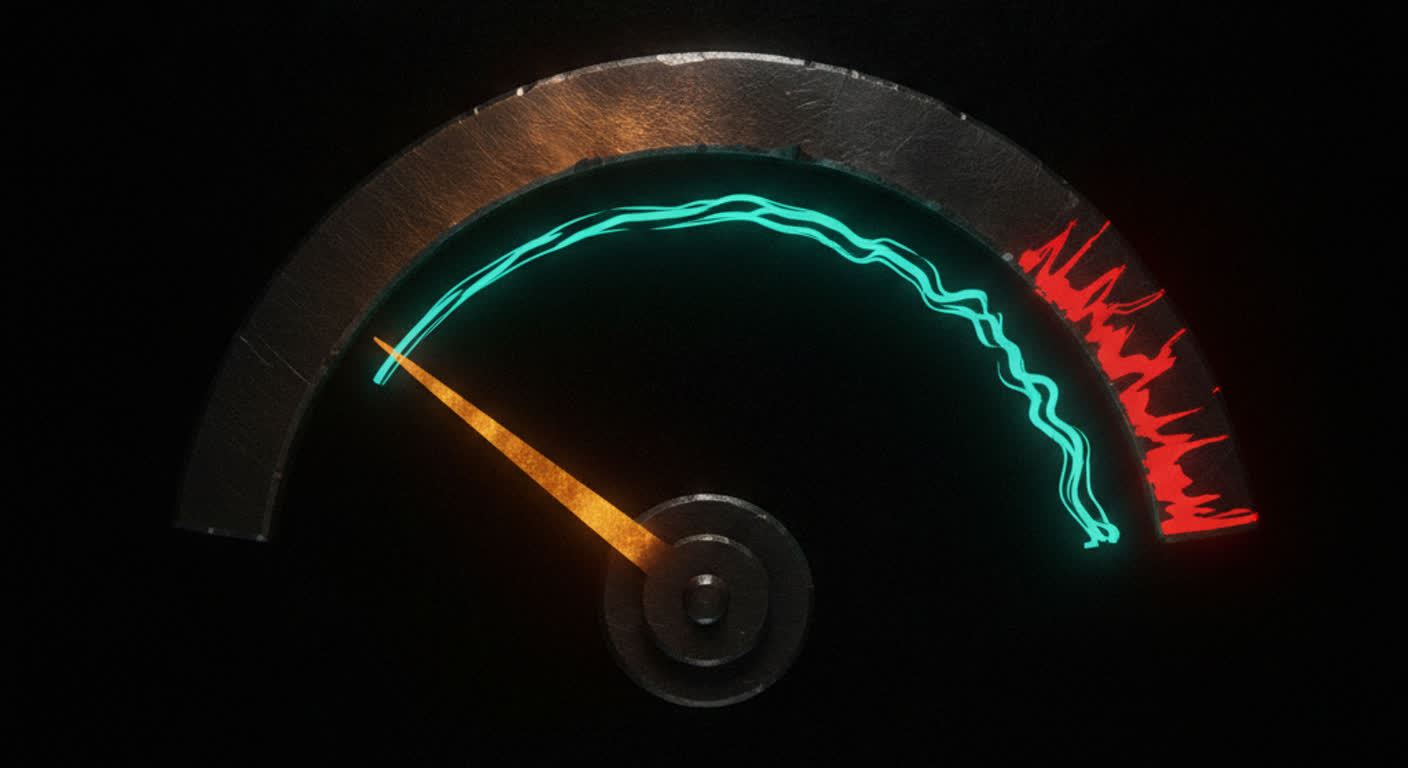 A dark reputation meter with an amber needle and a teal early-warning mark before the red zone