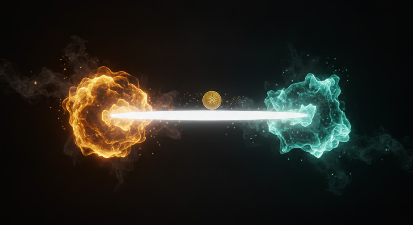 An amber system and a teal system joined by a bright bridge of light carrying a single coin