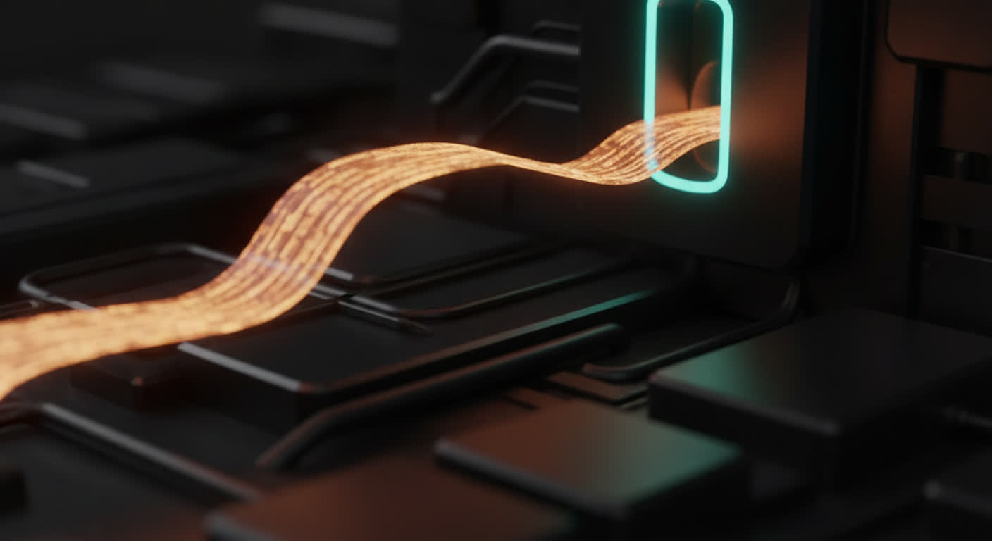 A glowing amber payment link threading through a dark machine into a precise teal slot