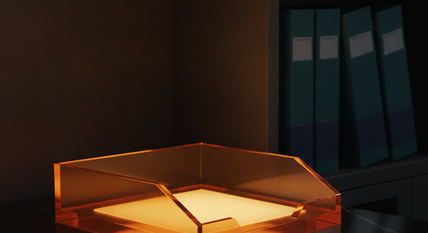 An empty amber outbox tray beside a dark shelf of waiting teal folders