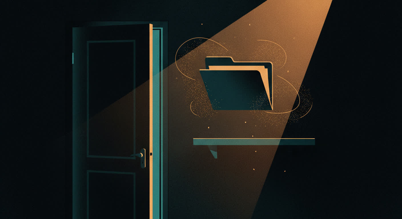 A folder moving from a teal shelf into an amber spotlight as a door opens on a dark background