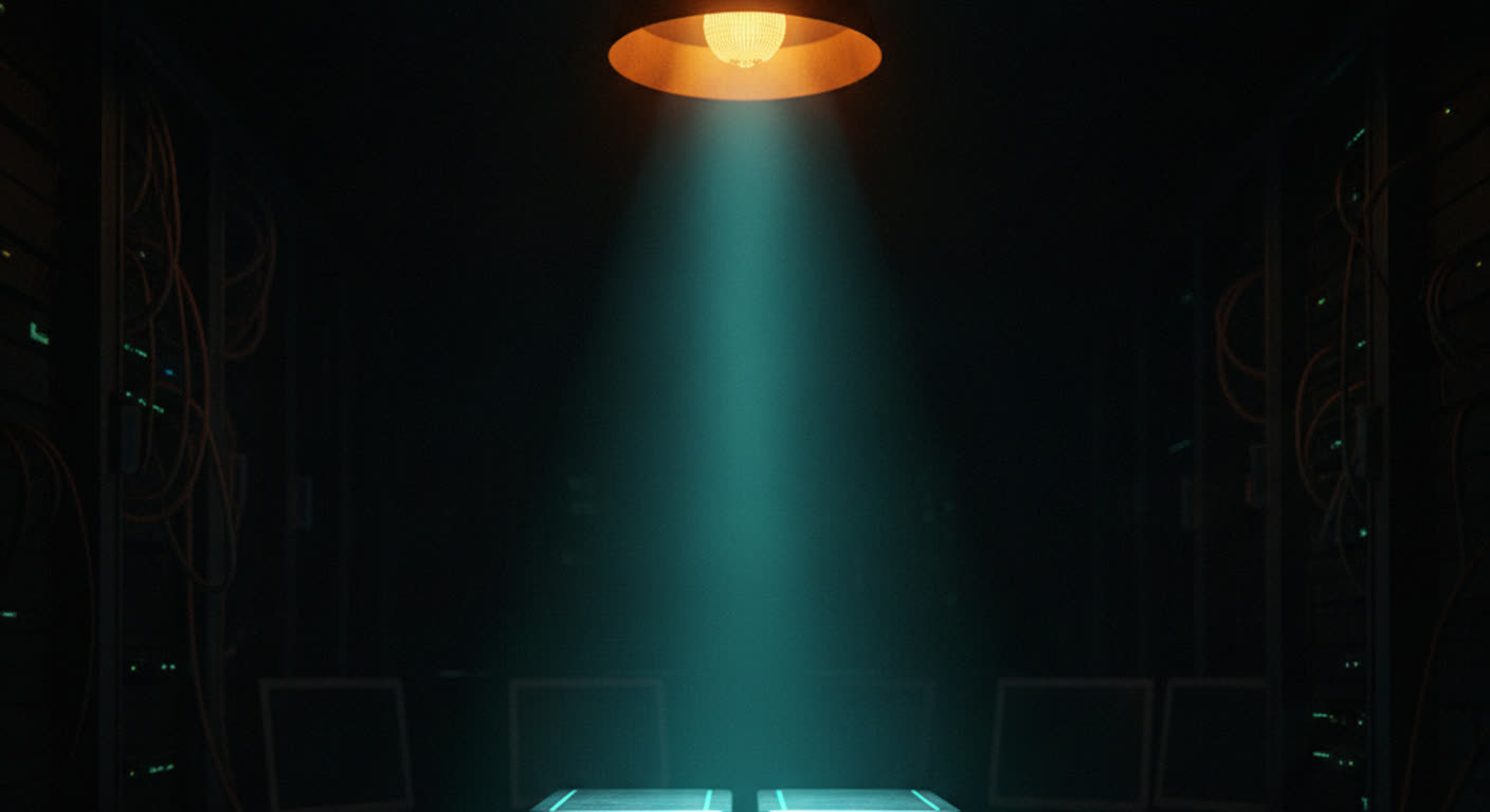 A single amber warning lamp blares over two calm sealed archive boxes in a dark server room while a soft teal all-clear light begins to rise