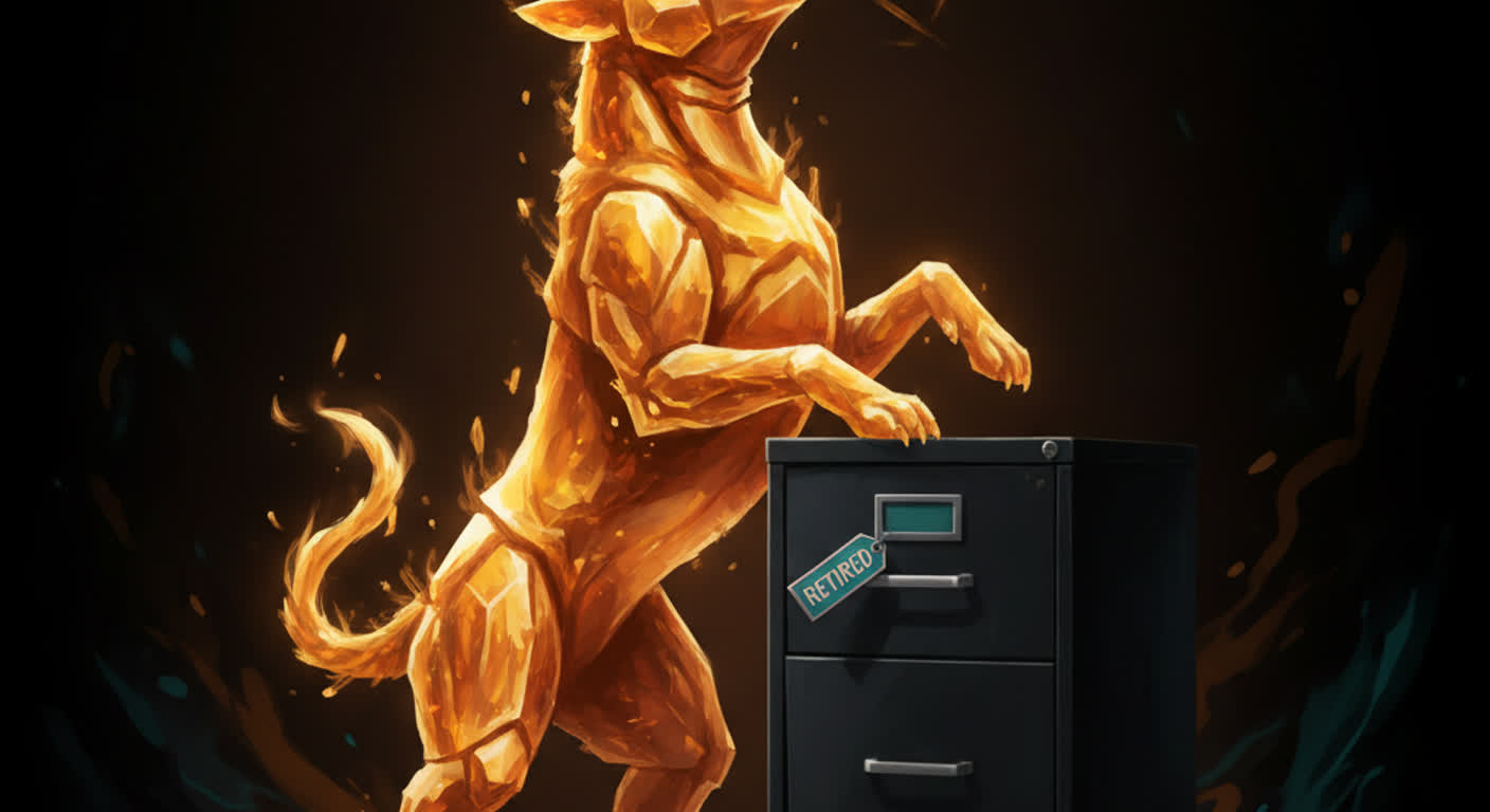 A watchdog made of amber light barks at a filing cabinet that has a small teal retired tag on it, the cabinet clearly intact