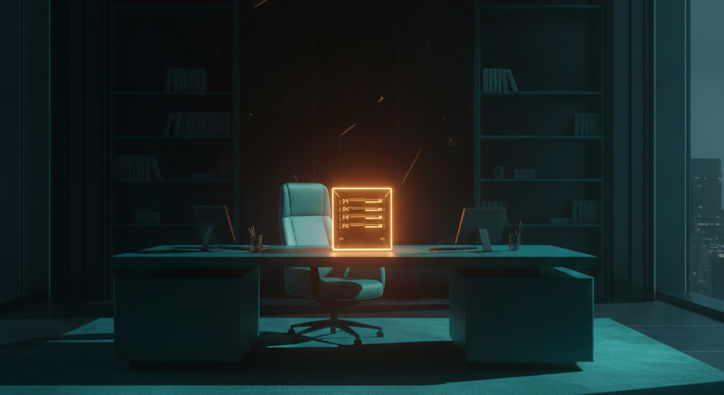 A tiny glowing amber server in the dark doing the work of a large empty teal executive office