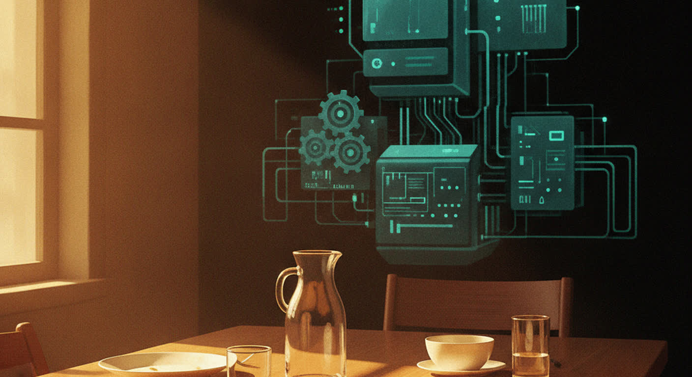 An empty amber lunch table in the foreground while a teal machine quietly works the books behind it