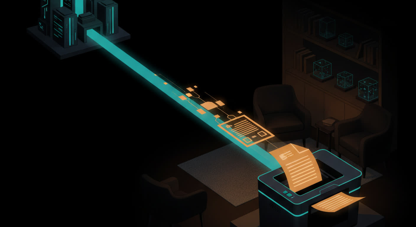 A glowing amber document traveling along a secure teal line from a distant data center into a home printer