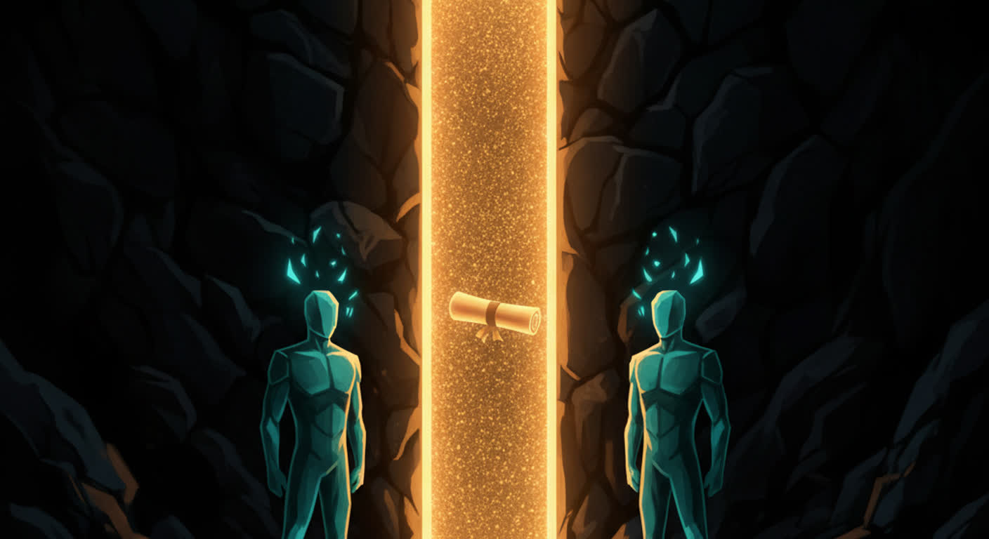 A single narrow guarded gate of amber light in a dark wall with one document passing through
