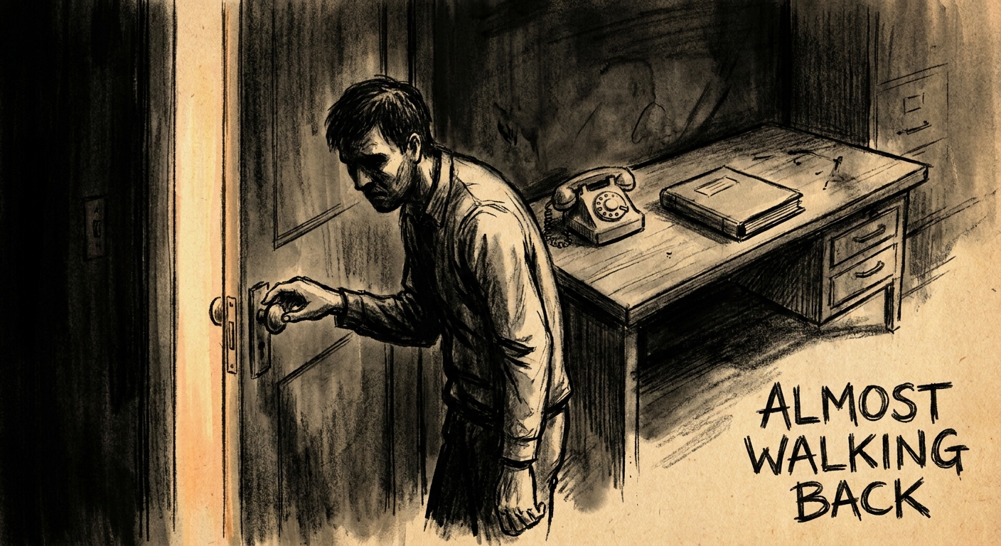 Charcoal illustration of a person at a half-open door, hand hovering on the handle, hesitating, a desk with a phone face down behind them