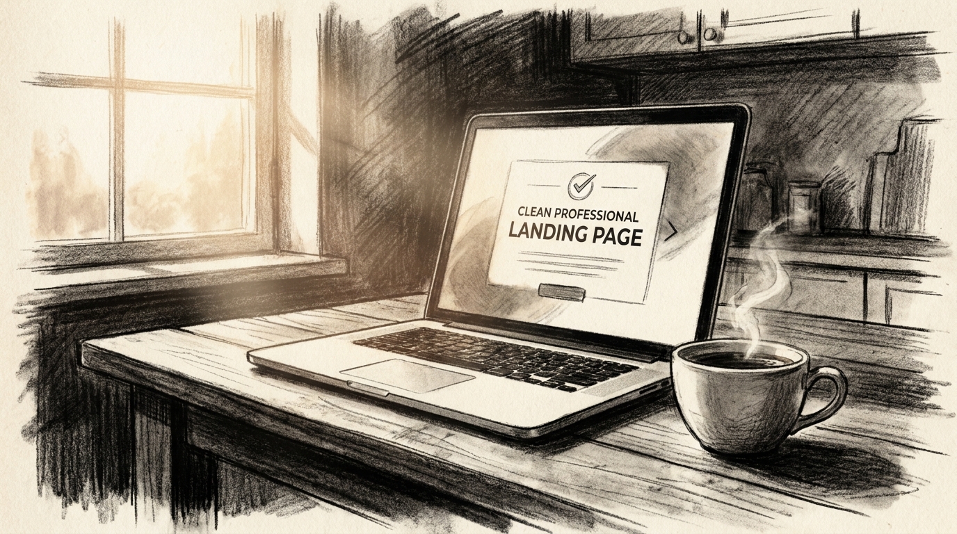 Charcoal and warm-light illustration of a laptop on a kitchen table at golden hour, the screen showing a clean professional landing page, coffee cup beside it