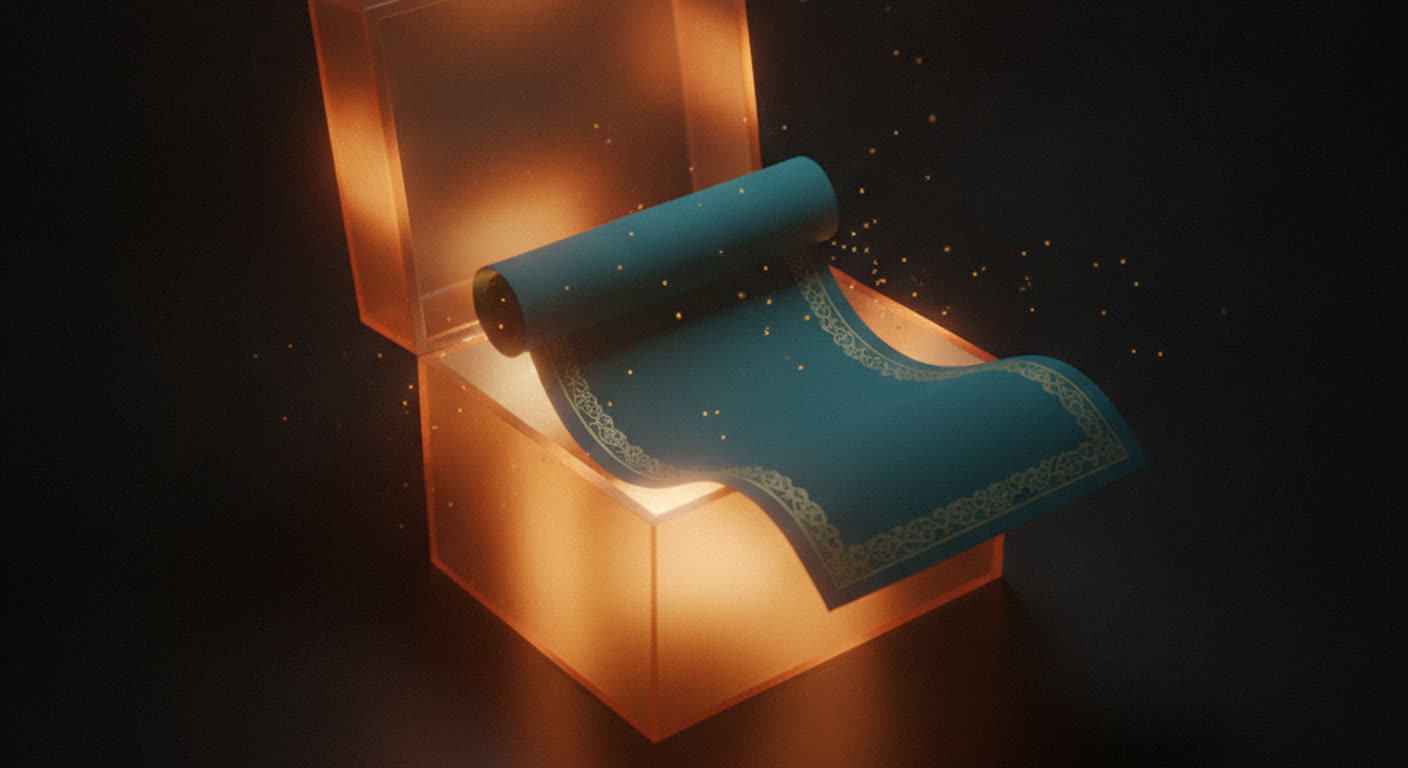 A glowing amber gift box open to reveal a complete teal document inside on a dark background