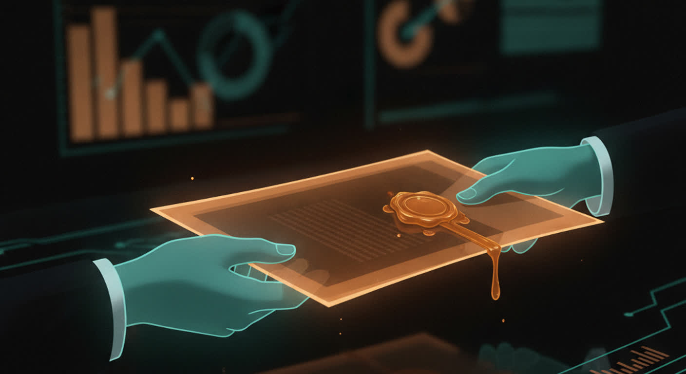 A finished amber report placed into waiting hands on a dark desk with teal accents